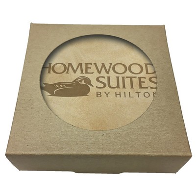 Set of 4 Natural Leather Coasters | Circle | 3 7/8" dia. | Natural Kraft Box